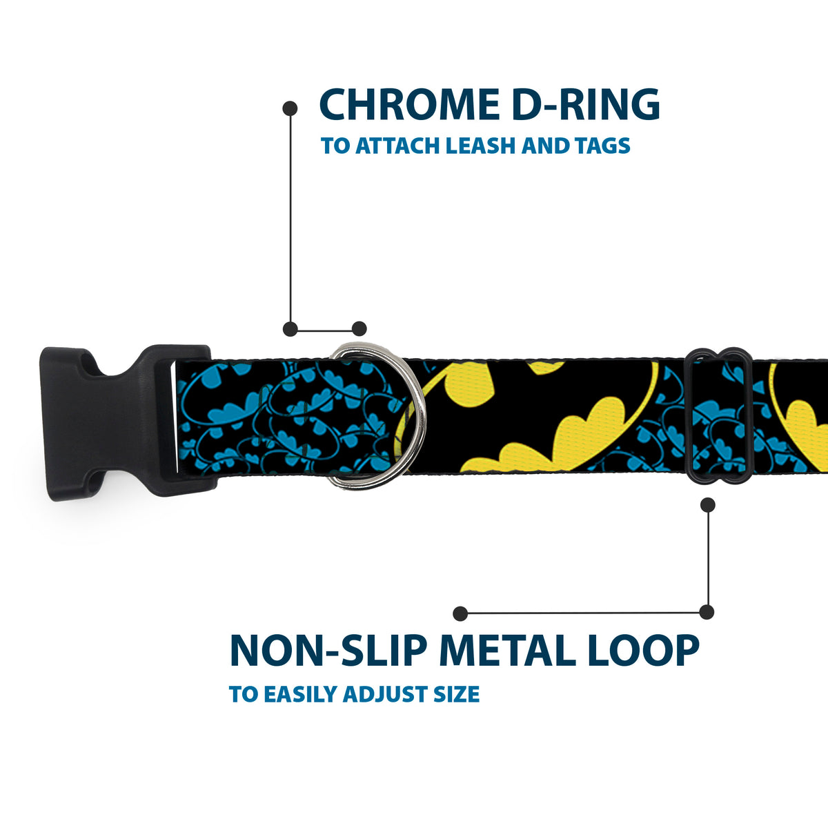 Plastic Clip Collar - Bat Signals Stacked w/CLOSE-UP Blue/Black/Yellow Dog Collars Plastic Clip Side Release DC Comics