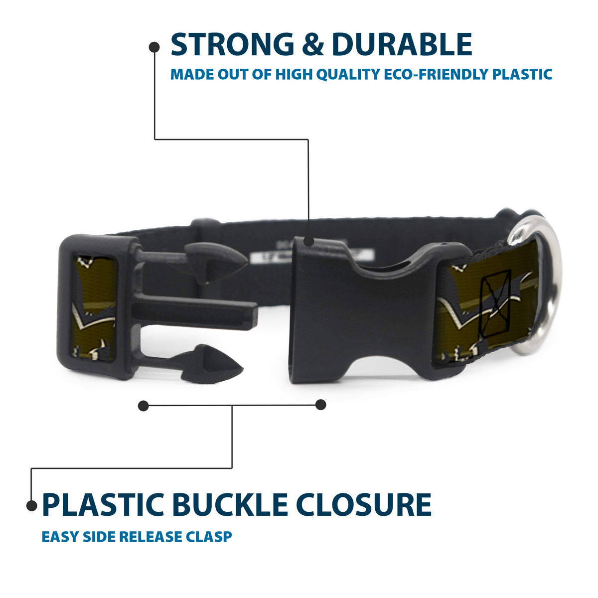 Plastic Clip Collar - BATMAN w/Bat Signals & Flying Bats Yellow/Black/White Dog Collars Plastic Clip Side Release DC Comics