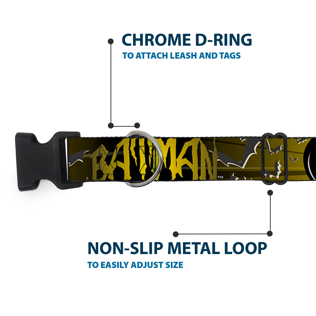 Plastic Clip Collar - BATMAN w/Bat Signals & Flying Bats Yellow/Black/White Dog Collars Plastic Clip Side Release DC Comics
