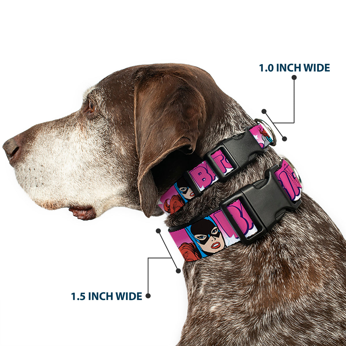 Plastic Clip Collar - BATGIRL Bubble Letters w/Stars Pink/White Dog Collars Plastic Clip Side Release DC Comics
