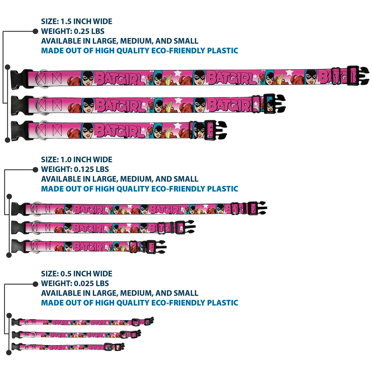 Plastic Clip Collar - BATGIRL Bubble Letters w/Stars Pink/White Dog Collars Plastic Clip Side Release DC Comics