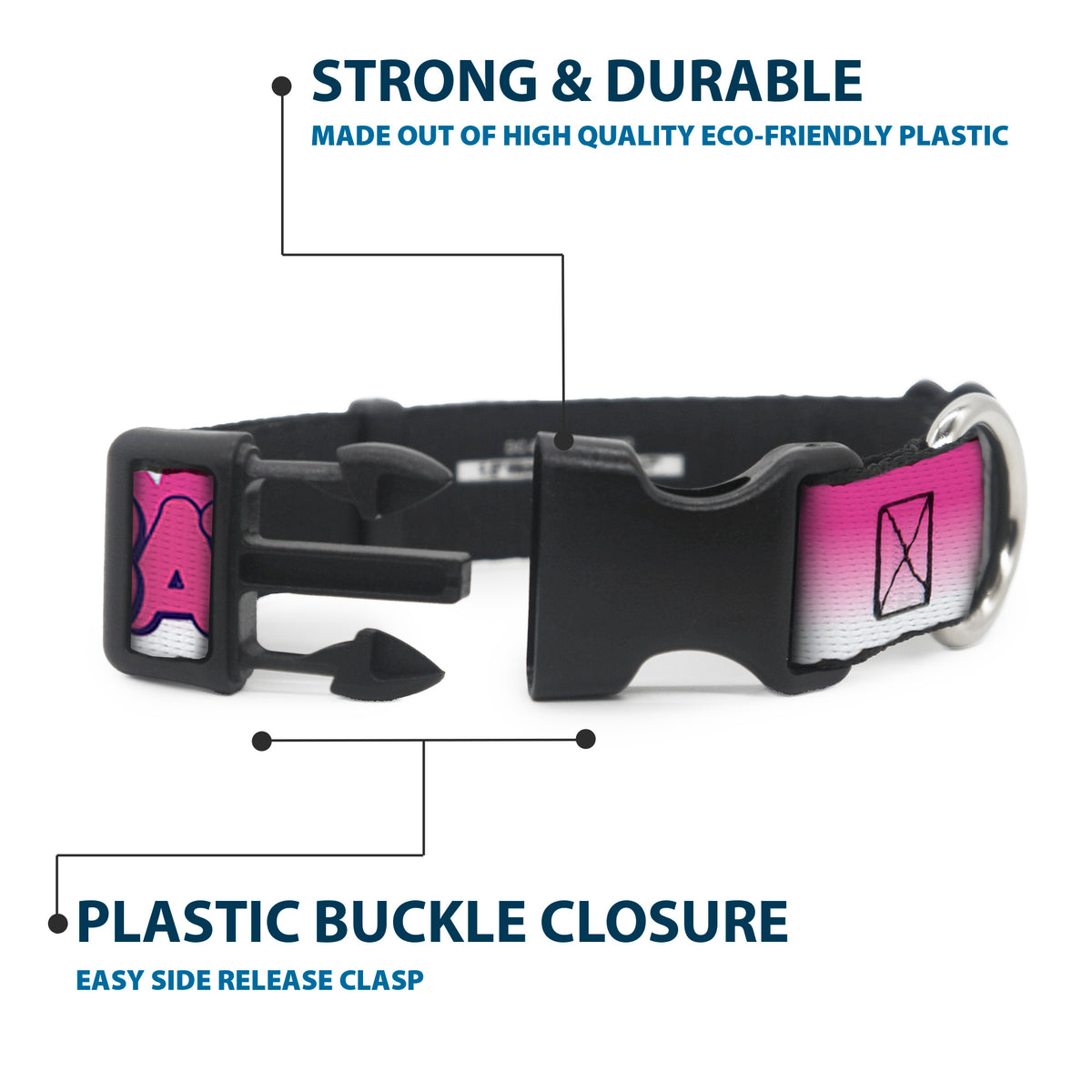 Plastic Clip Collar - BATGIRL Bubble Letters w/Stars Pink/White Dog Collars Plastic Clip Side Release DC Comics