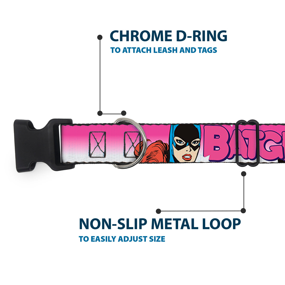 Plastic Clip Collar - BATGIRL Bubble Letters w/Stars Pink/White Dog Collars Plastic Clip Side Release DC Comics