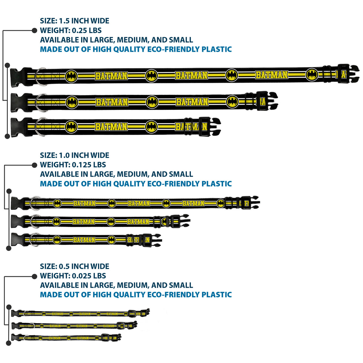 Plastic Clip Collar - BATMAN/Bat Signal Triple Stripe Black/White/Yellow Dog Collars Plastic Clip Side Release DC Comics