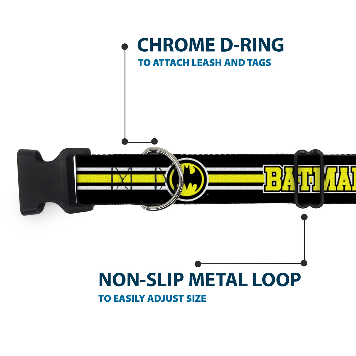 Plastic Clip Collar - BATMAN/Bat Signal Triple Stripe Black/White/Yellow Dog Collars Plastic Clip Side Release DC Comics
