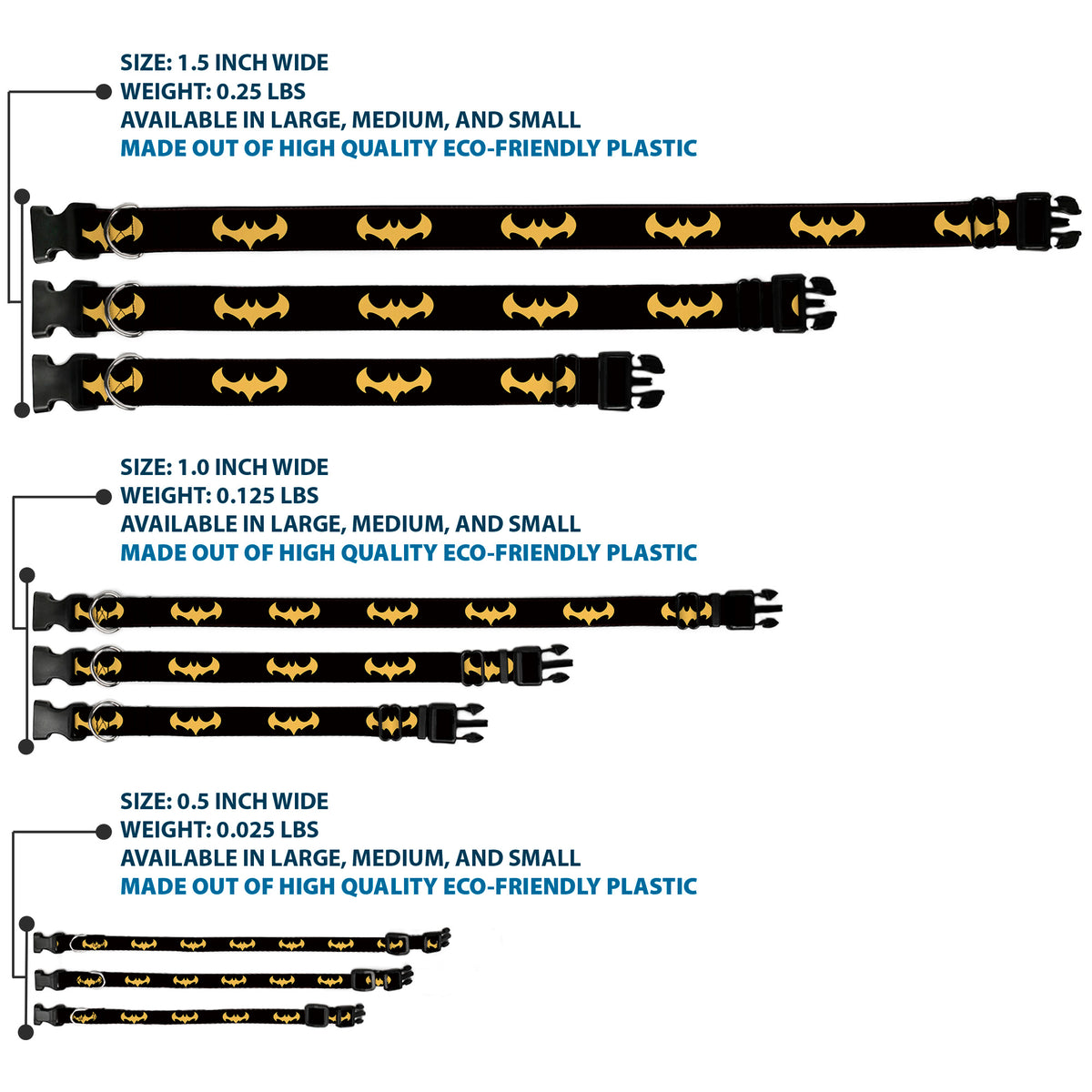 Plastic Clip Collar - DC League of Super-Pets Batman Bat Logo Black/Yellow Dog Collars Plastic Clip Side Release DC Comics