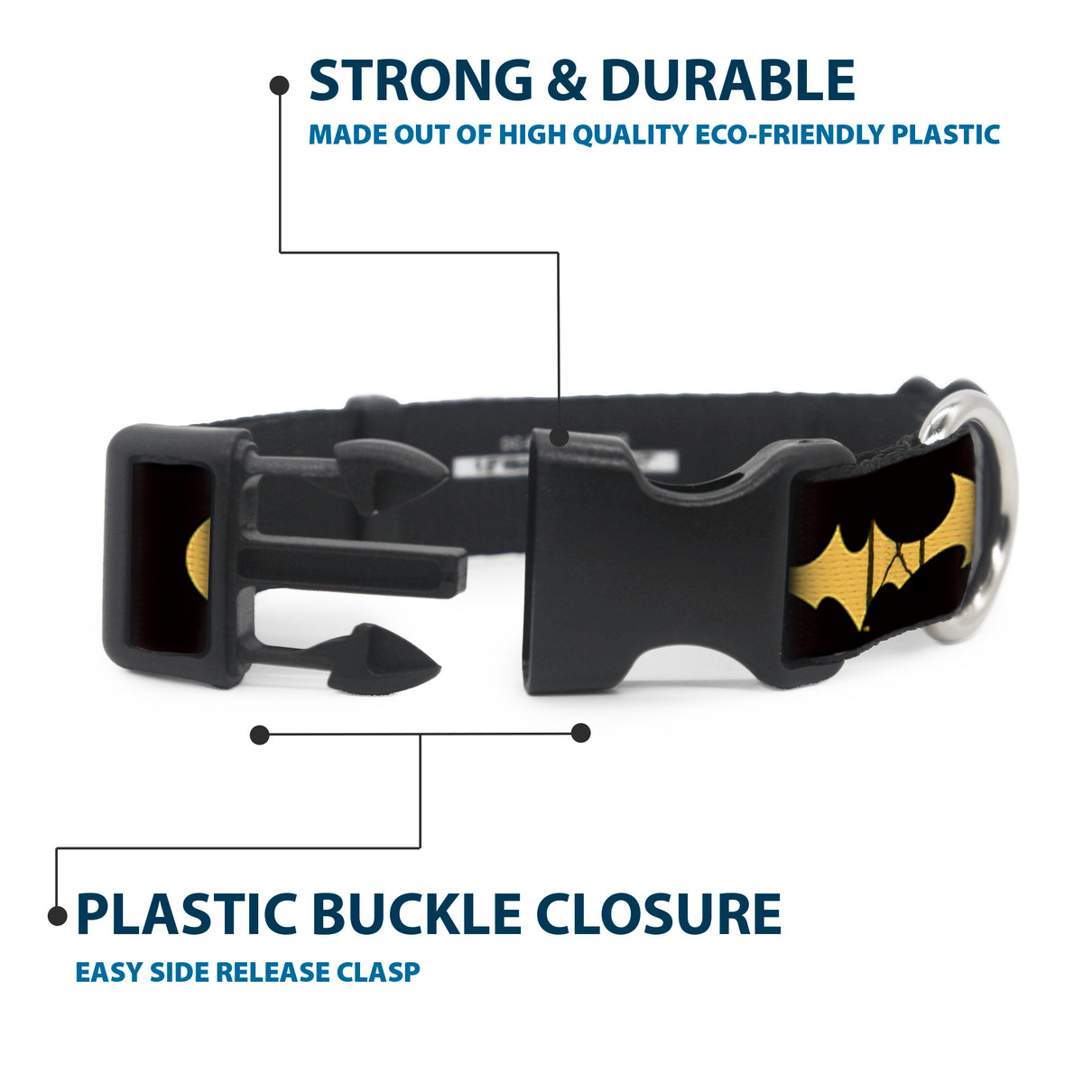 Plastic Clip Collar - DC League of Super-Pets Batman Bat Logo Black/Yellow Dog Collars Plastic Clip Side Release DC Comics