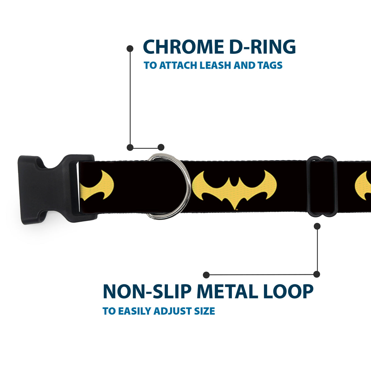 Plastic Clip Collar - DC League of Super-Pets Batman Bat Logo Black/Yellow Dog Collars Plastic Clip Side Release DC Comics