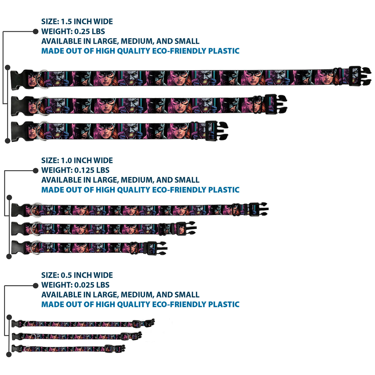 Plastic Clip Collar - Batman Batgirl and Joker Comic Book Cover Face Close-Ups Black Dog Collars Plastic Clip Side Release DC Comics