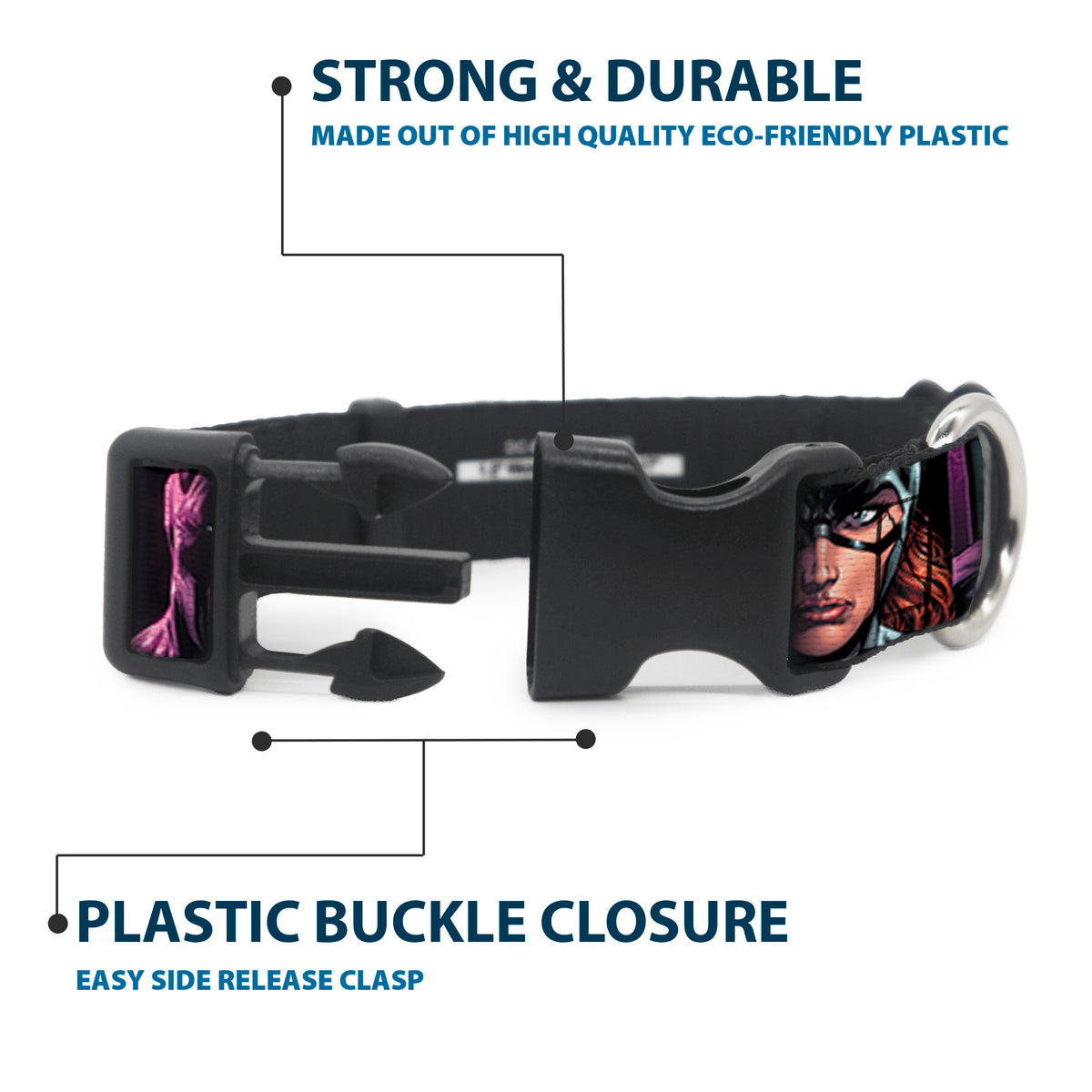 Plastic Clip Collar - Batman Batgirl and Joker Comic Book Cover Face Close-Ups Black Dog Collars Plastic Clip Side Release DC Comics
