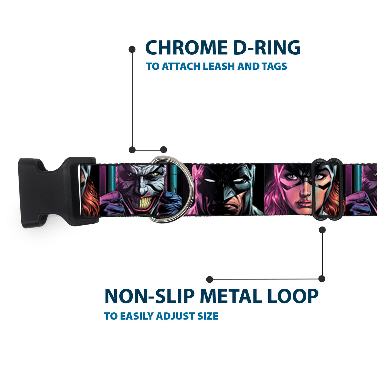 Plastic Clip Collar - Batman Batgirl and Joker Comic Book Cover Face Close-Ups Black Dog Collars Plastic Clip Side Release DC Comics