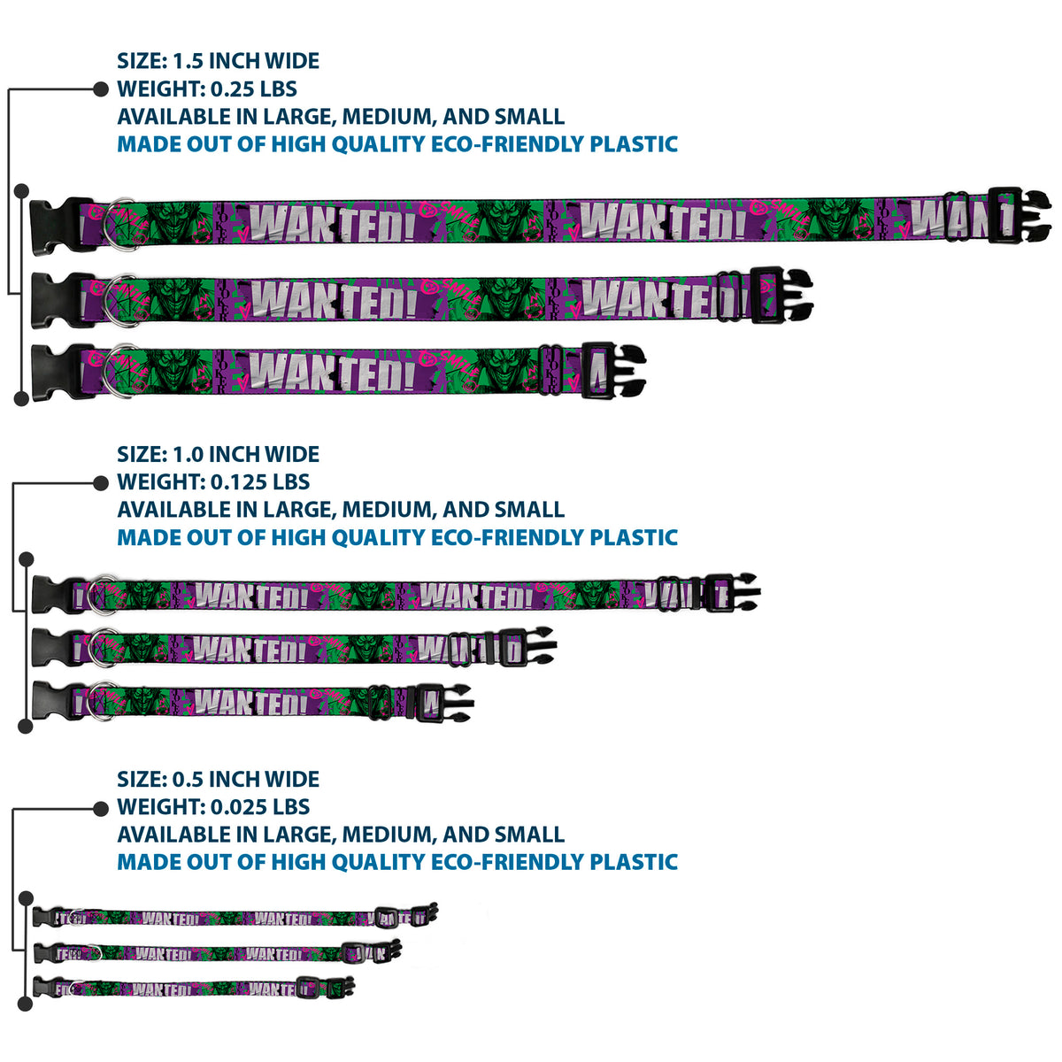 Plastic Clip Collar - THE JOKER WANTED Smiling Pose and Graffiti Purples/Greens Dog Collars Plastic Clip Side Release DC Comics