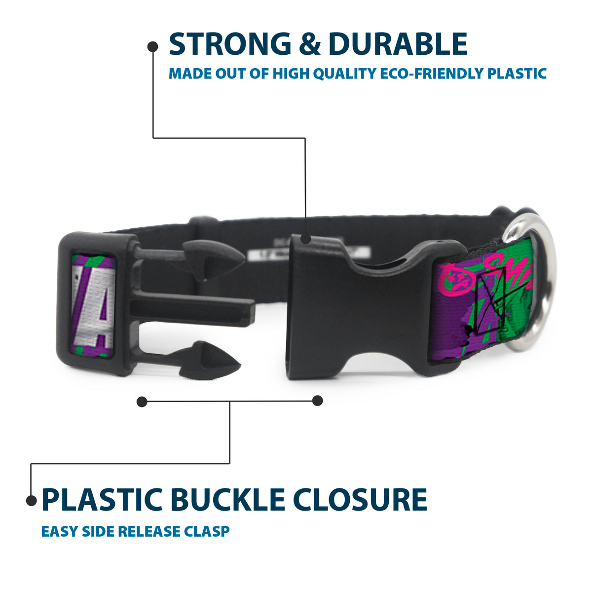 Plastic Clip Collar - THE JOKER WANTED Smiling Pose and Graffiti Purples/Greens Dog Collars Plastic Clip Side Release DC Comics