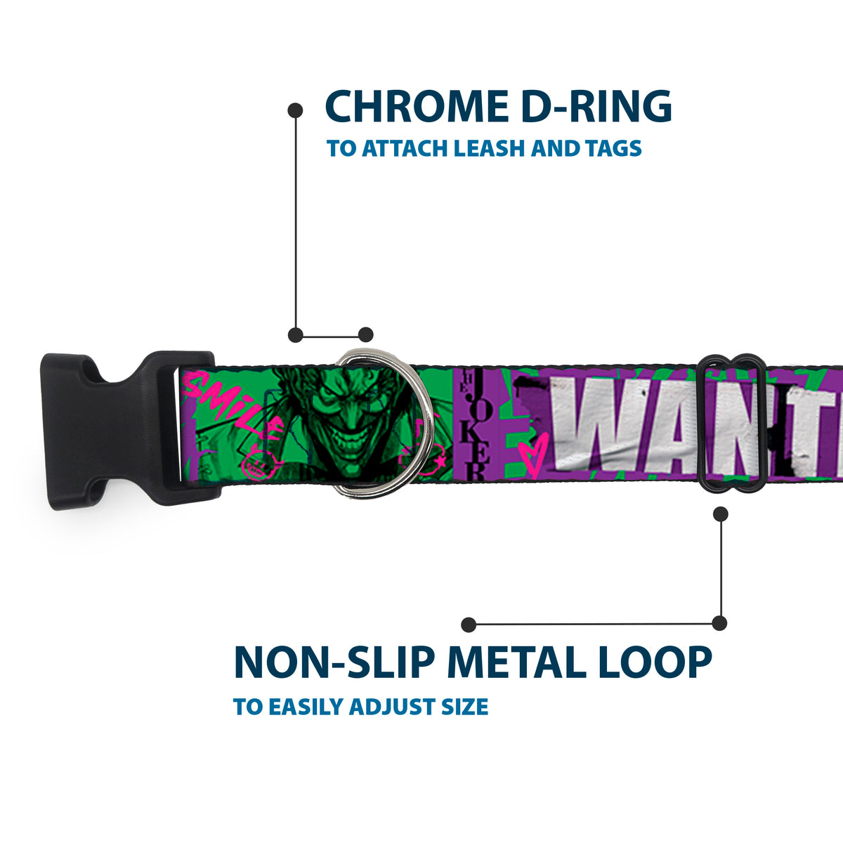 Plastic Clip Collar - THE JOKER WANTED Smiling Pose and Graffiti Purples/Greens Dog Collars Plastic Clip Side Release DC Comics