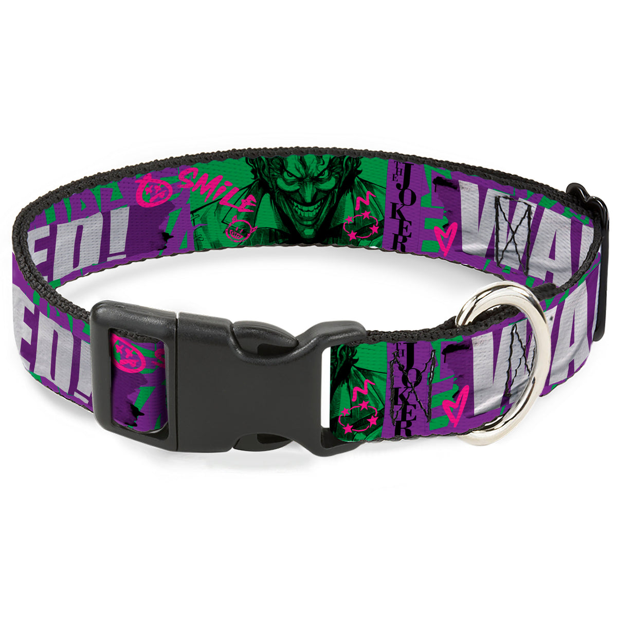Plastic Clip Collar - THE JOKER WANTED Smiling Pose and Graffiti Purples/Greens Dog Collars Plastic Clip Side Release DC Comics