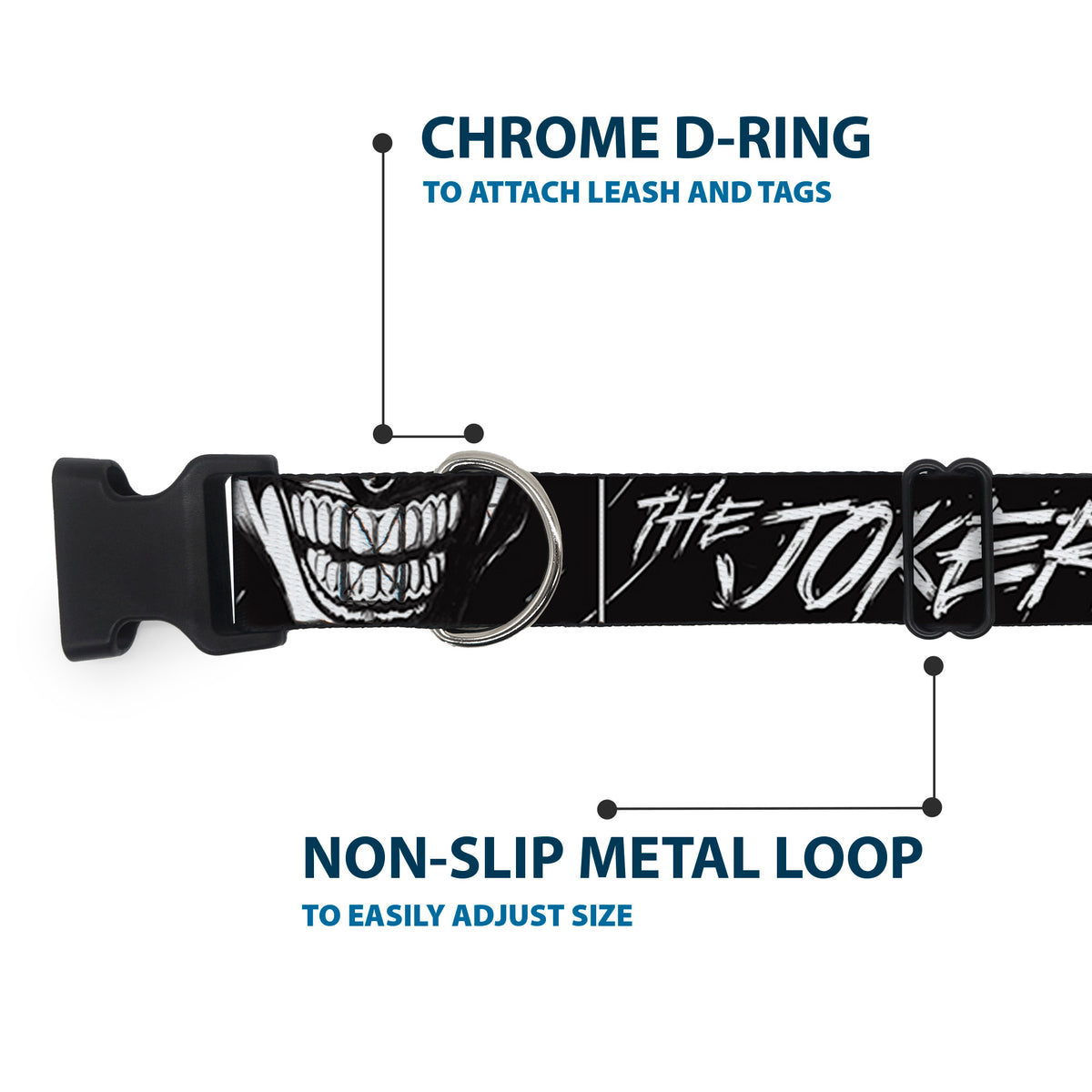 Plastic Clip Collar - THE JOKER Smiling Eyes Sketch Close-Up Black/White Dog Collars Plastic Clip Side Release DC Comics