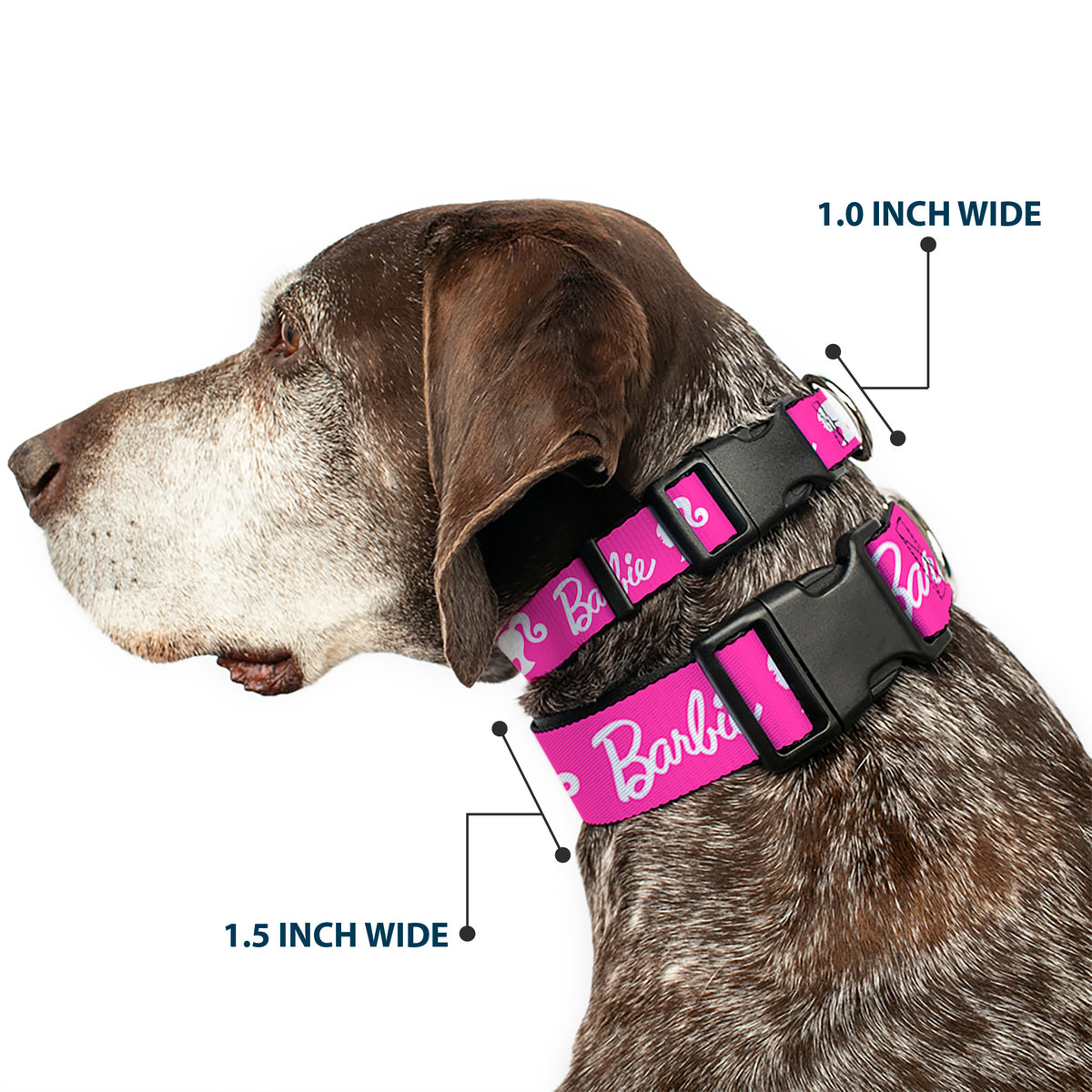 Plastic Clip Collar - BARBIE Script Signature Logo and Silhouette Hot Pink/White Dog Collars Plastic Clip Side Release Barbie