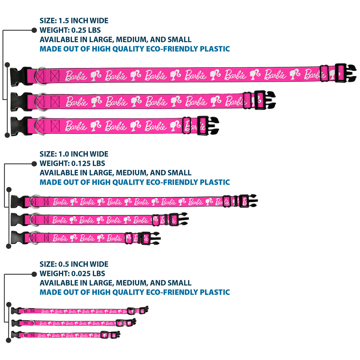 Plastic Clip Collar - BARBIE Script Signature Logo and Silhouette Hot Pink/White Dog Collars Plastic Clip Side Release Barbie
