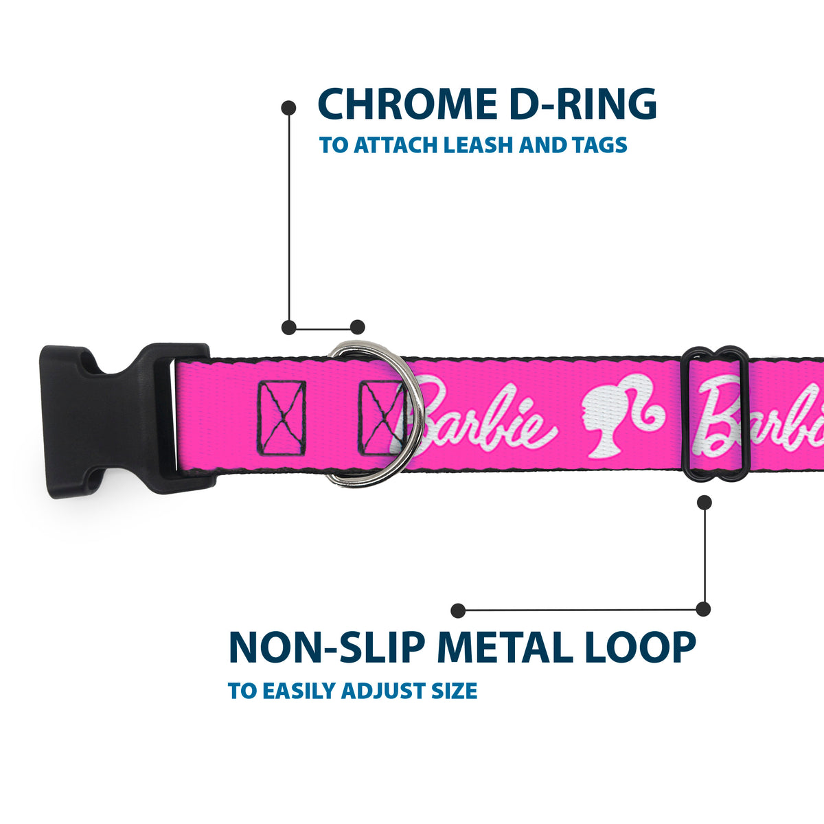 Plastic Clip Collar - BARBIE Script Signature Logo and Silhouette Hot Pink/White Dog Collars Plastic Clip Side Release Barbie