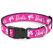 Plastic Clip Collar - BARBIE Script Signature Logo and Silhouette Hot Pink/White Dog Collars Plastic Clip Side Release Barbie