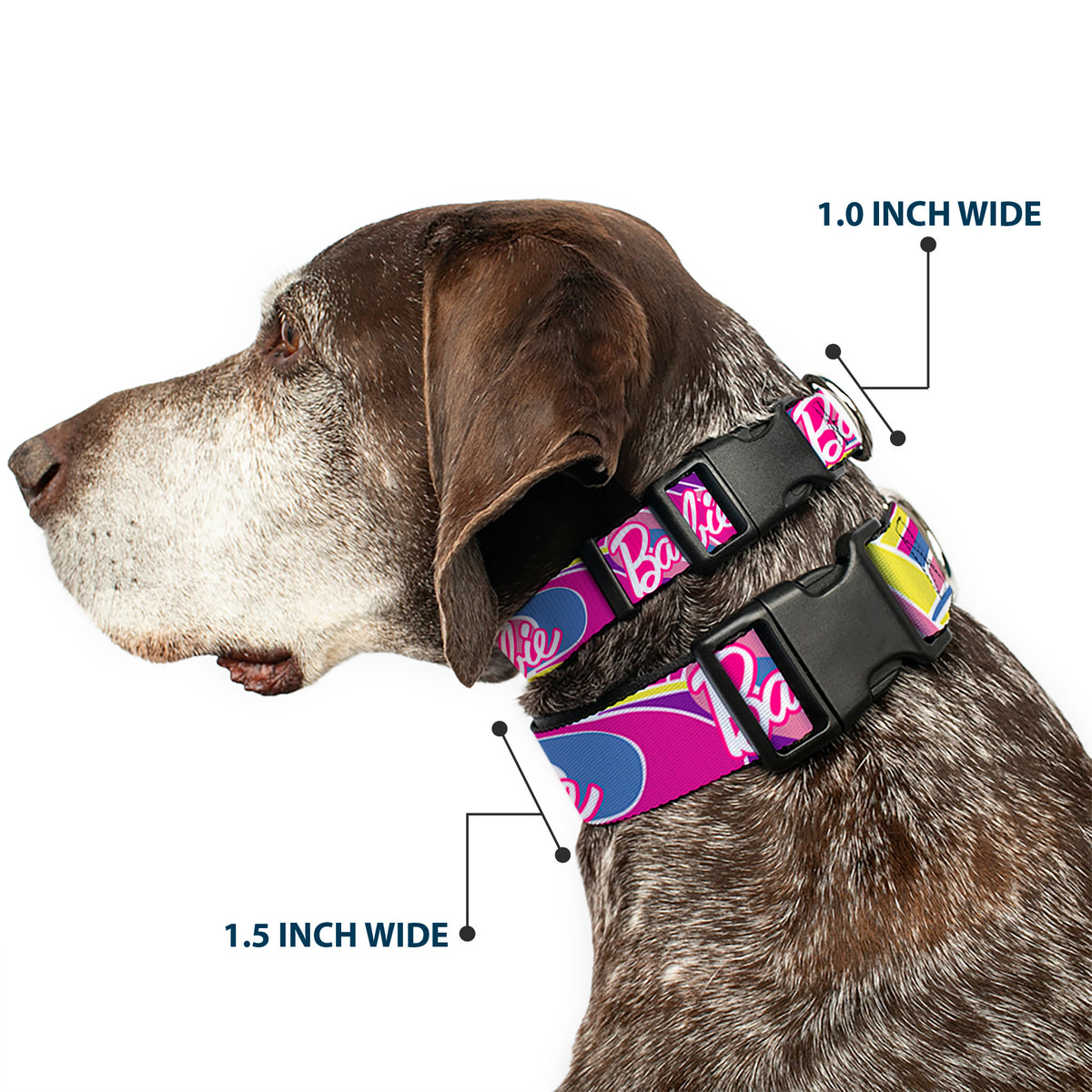 Plastic Clip Collar - BARBIE Script Signature Logo Abstract Multi Color/White Dog Collars Plastic Clip Side Release Barbie