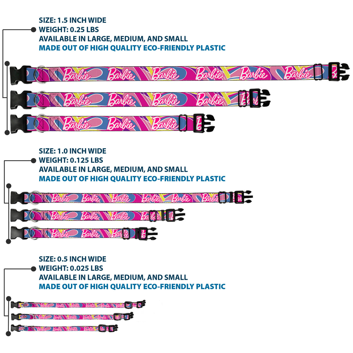 Plastic Clip Collar - BARBIE Script Signature Logo Abstract Multi Color/White Dog Collars Plastic Clip Side Release Barbie