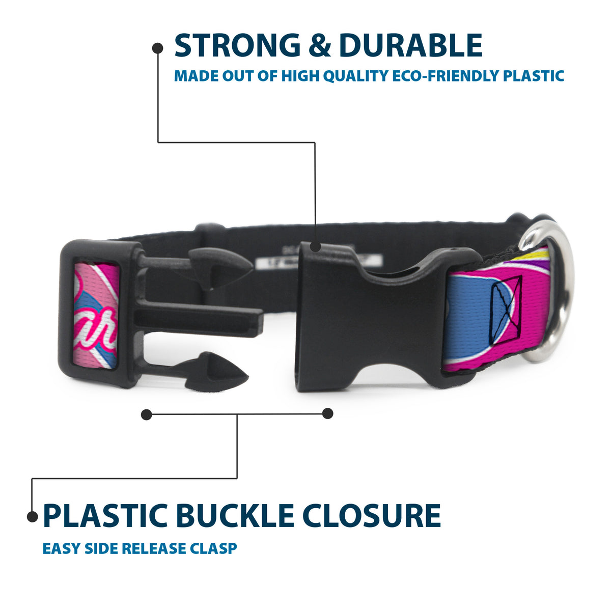 Plastic Clip Collar - BARBIE Script Signature Logo Abstract Multi Color/White Dog Collars Plastic Clip Side Release Barbie