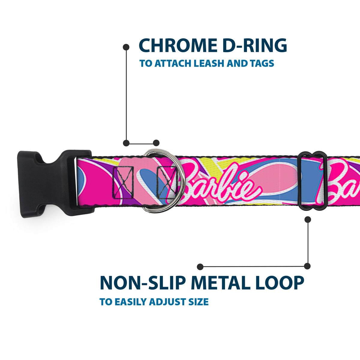 Plastic Clip Collar - BARBIE Script Signature Logo Abstract Multi Color/White Dog Collars Plastic Clip Side Release Barbie