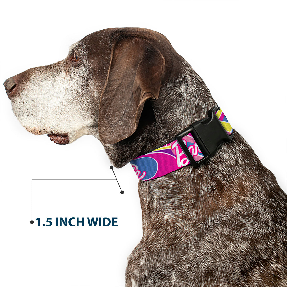 Plastic Clip Collar - BARBIE Script Signature Logo Abstract Multi Color/White Dog Collars Plastic Clip Side Release Barbie