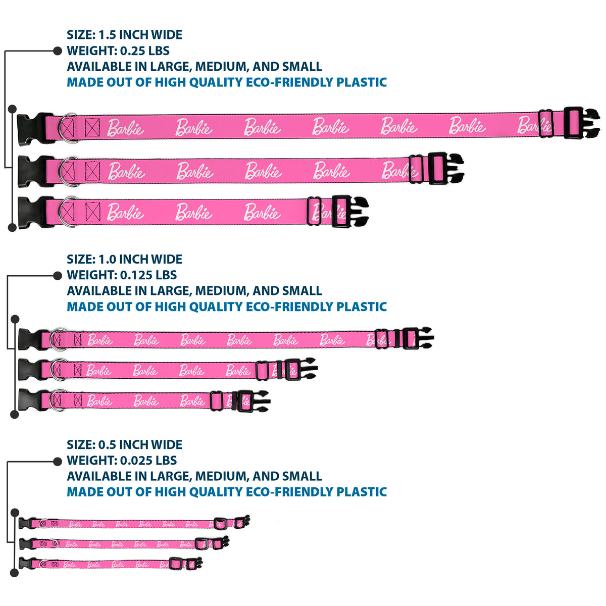 Plastic Clip Collar - BARBIE Script Signature Logo Pink/White Dog Collars Plastic Clip Side Release Barbie