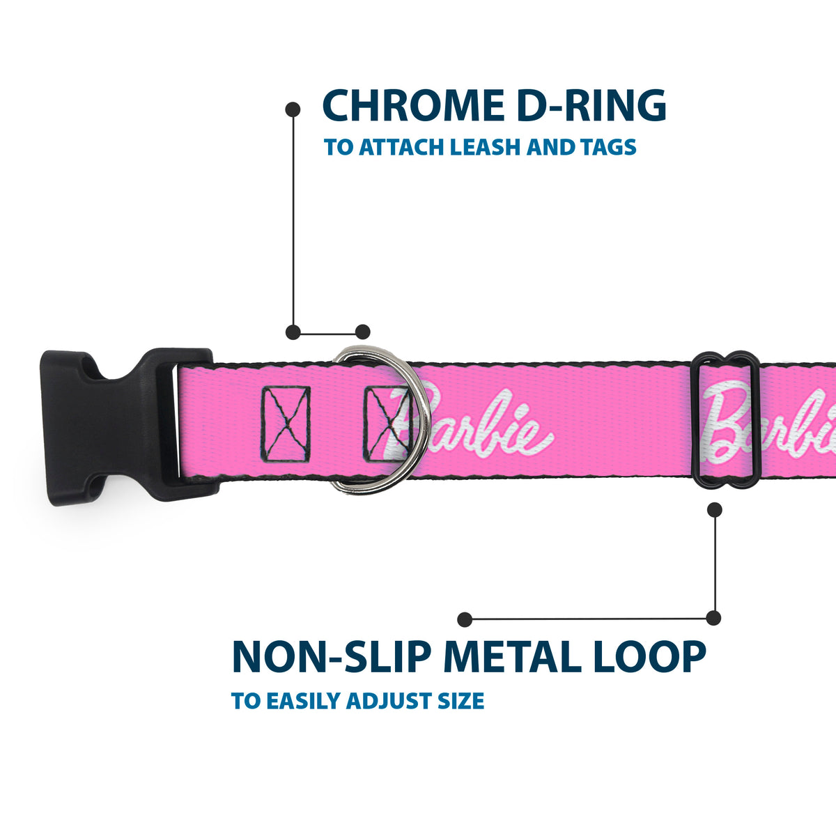 Plastic Clip Collar - BARBIE Script Signature Logo Pink/White Dog Collars Plastic Clip Side Release Barbie