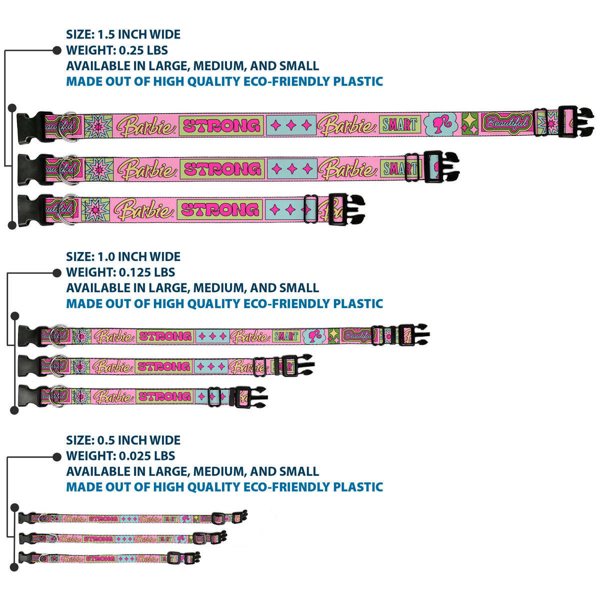 Plastic Clip Collar - BARBIE SMART BEAUTIFUL STRONG Icons Pink/Multi Color Dog Collars Plastic Clip Side Release Barbie