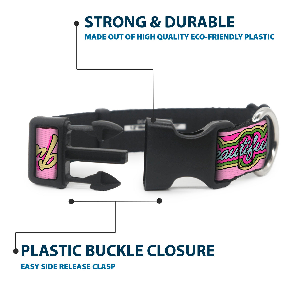 Plastic Clip Collar - BARBIE SMART BEAUTIFUL STRONG Icons Pink/Multi Color Dog Collars Plastic Clip Side Release Barbie