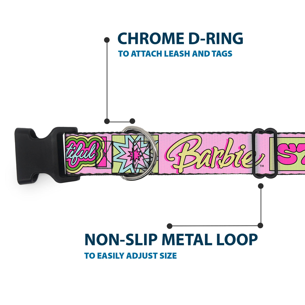 Plastic Clip Collar - BARBIE SMART BEAUTIFUL STRONG Icons Pink/Multi Color Dog Collars Plastic Clip Side Release Barbie