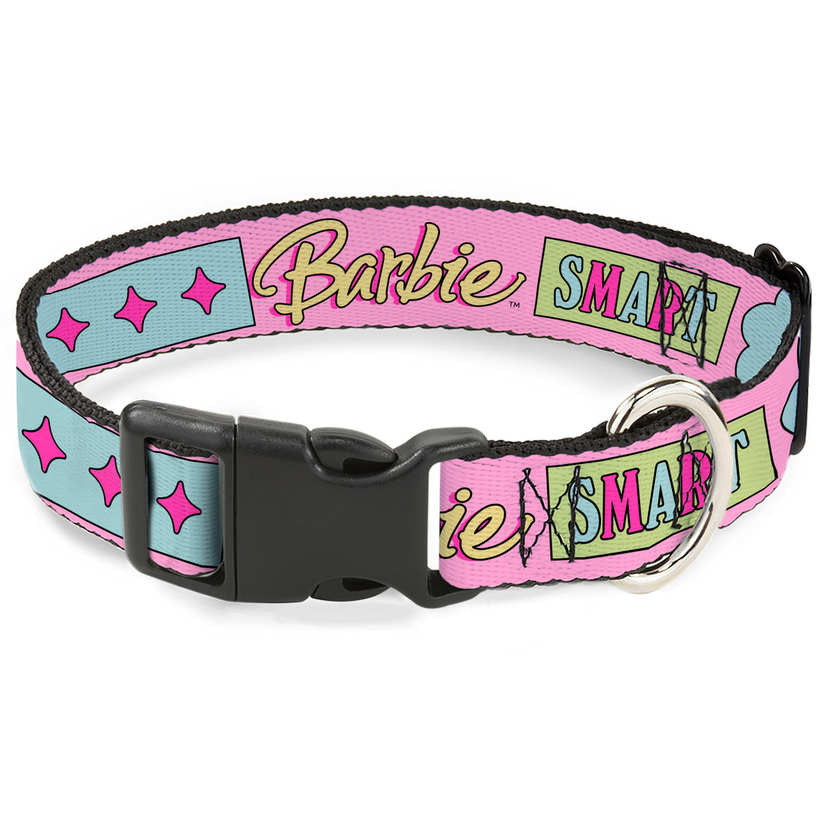 Plastic Clip Collar - BARBIE SMART BEAUTIFUL STRONG Icons Pink/Multi Color Dog Collars Plastic Clip Side Release Barbie