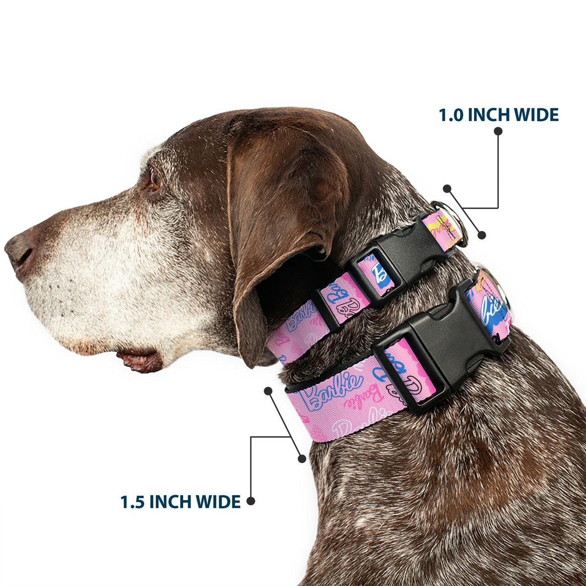 Plastic Clip Collar - BARBIE Script Signature Collage Pink/Multi Color Dog Collars Plastic Clip Side Release Barbie