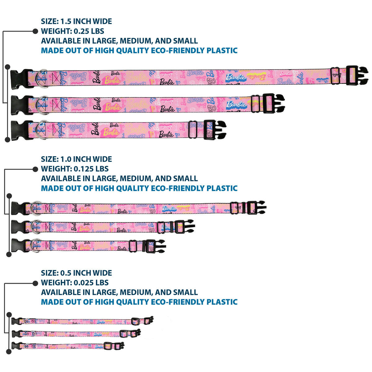 Plastic Clip Collar - BARBIE Script Signature Collage Pink/Multi Color Dog Collars Plastic Clip Side Release Barbie