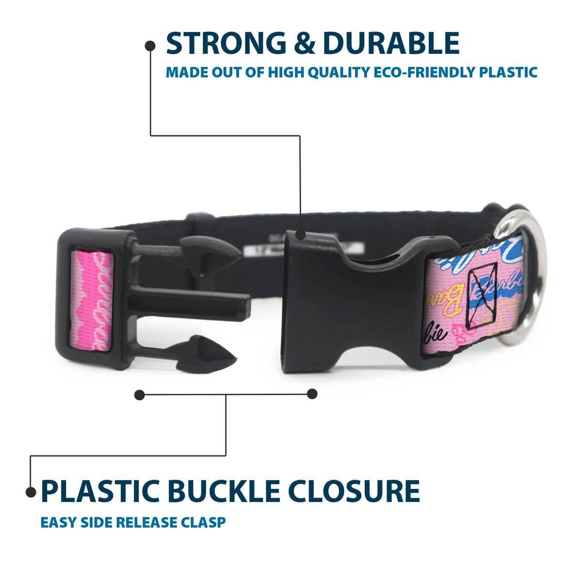 Plastic Clip Collar - BARBIE Script Signature Collage Pink/Multi Color Dog Collars Plastic Clip Side Release Barbie