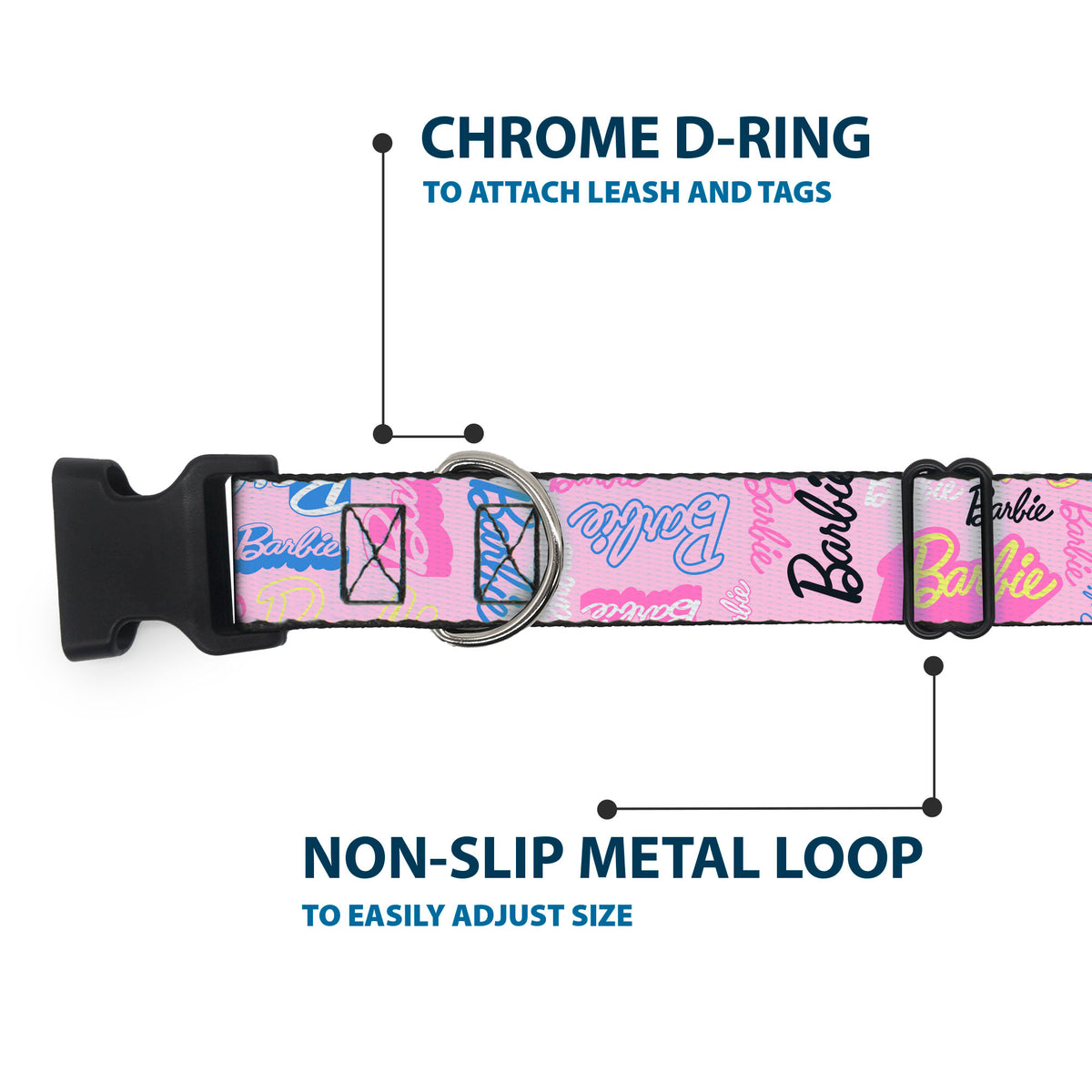 Plastic Clip Collar - BARBIE Script Signature Collage Pink/Multi Color Dog Collars Plastic Clip Side Release Barbie
