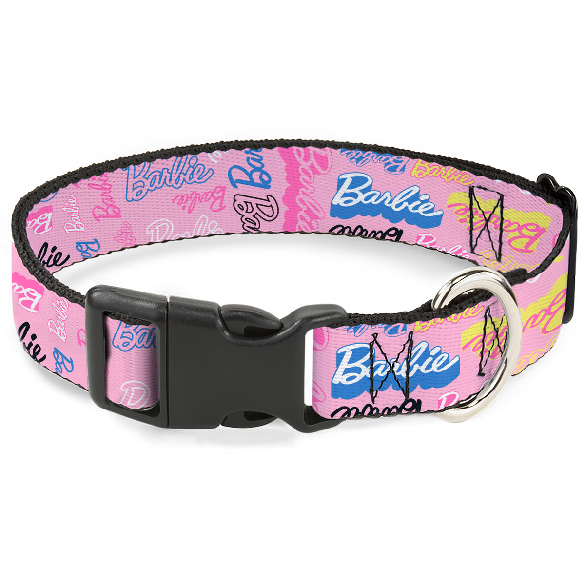 Plastic Clip Collar - BARBIE Script Signature Collage Pink/Multi Color Dog Collars Plastic Clip Side Release Barbie