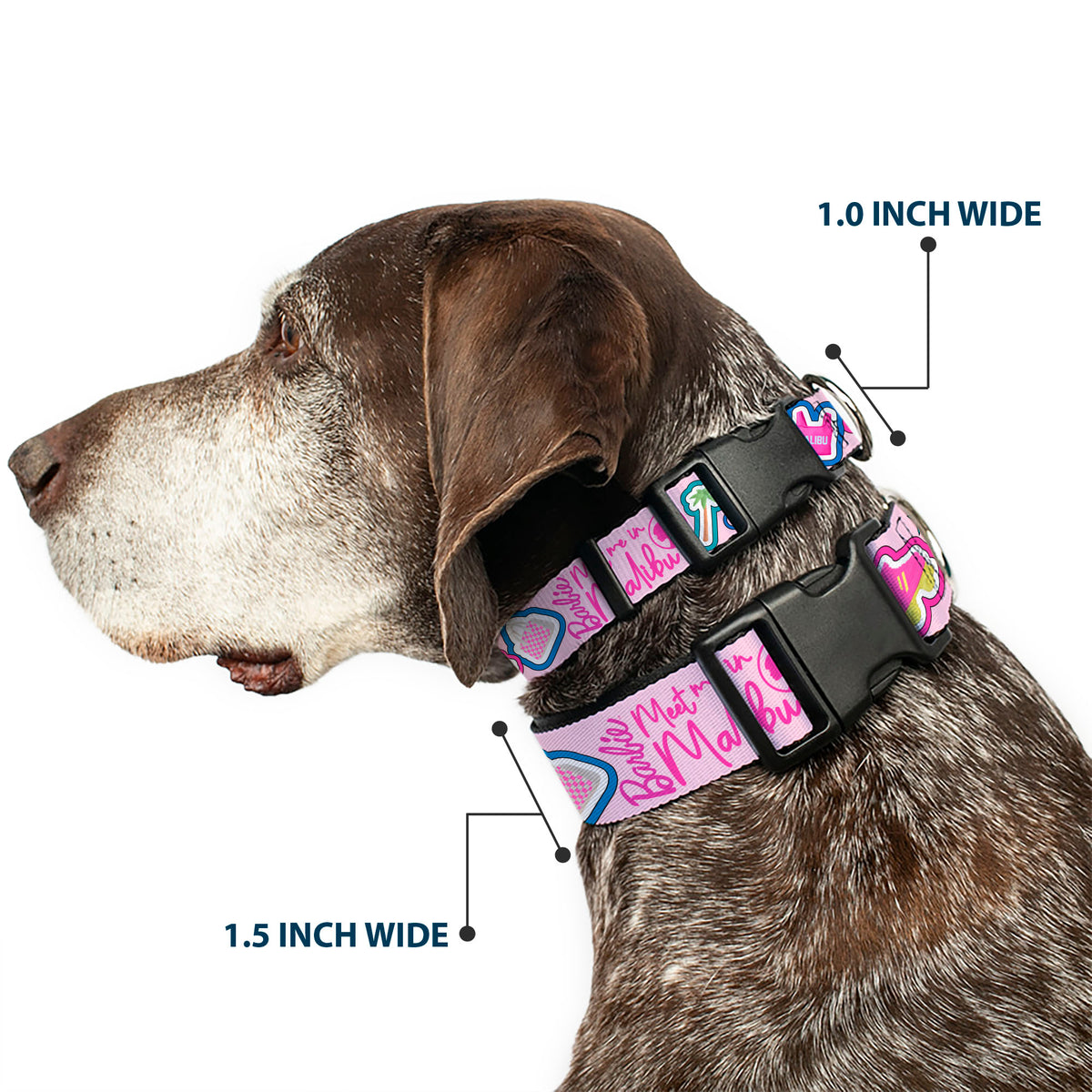 Plastic Clip Collar - BARBIE MEET ME IN MALIBU Icons Collage Pink/Multi Color Dog Collars Plastic Clip Side Release Barbie