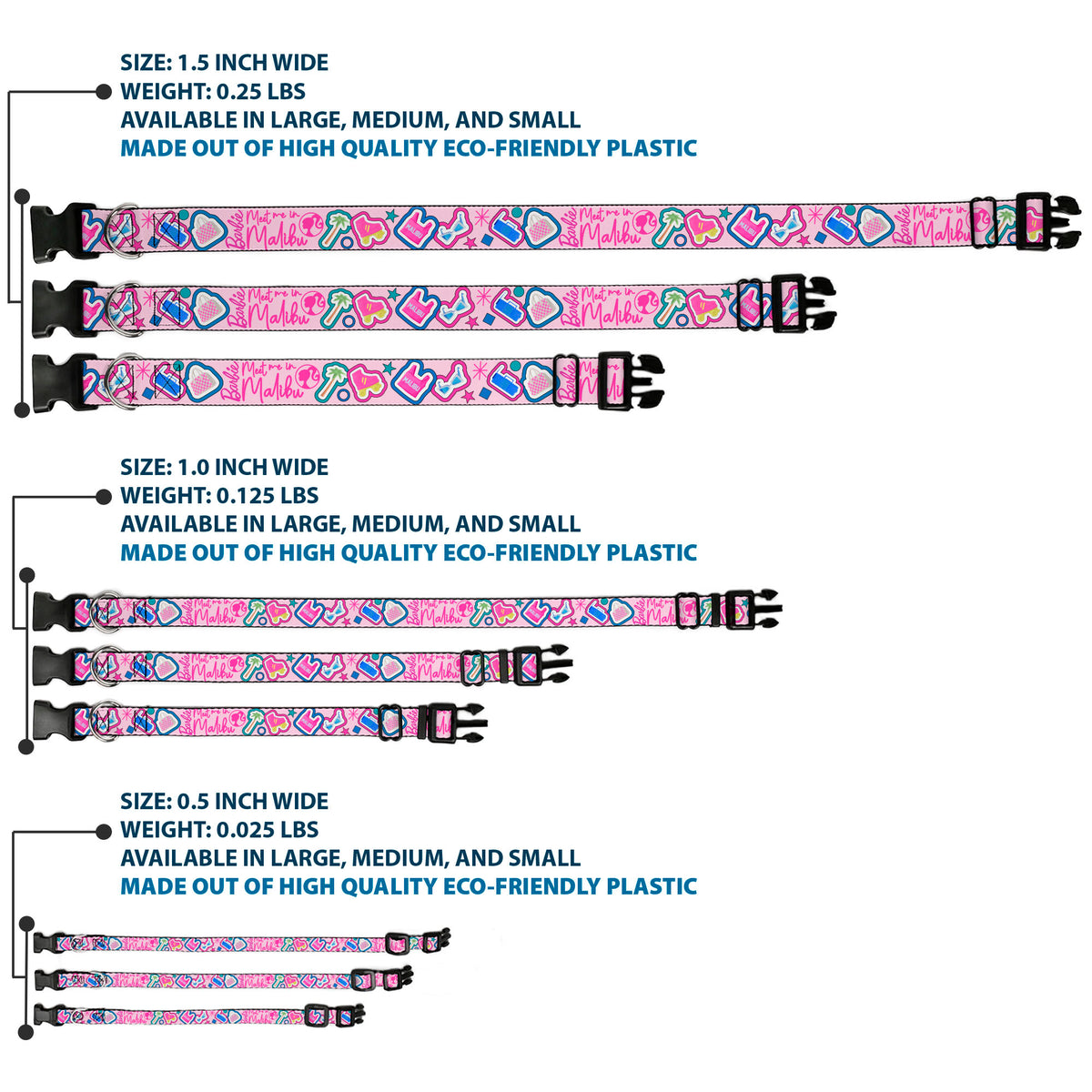 Plastic Clip Collar - BARBIE MEET ME IN MALIBU Icons Collage Pink/Multi Color Dog Collars Plastic Clip Side Release Barbie