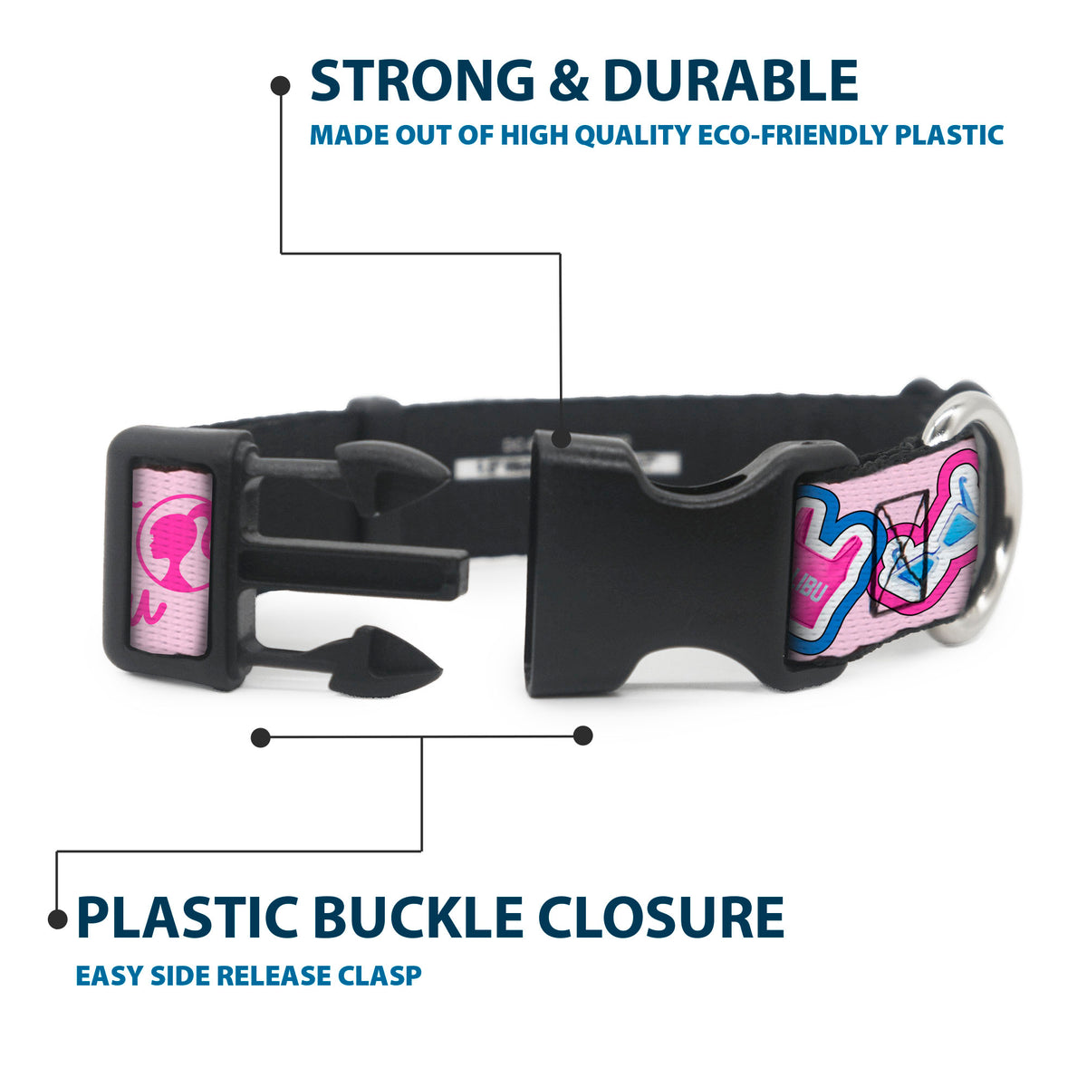 Plastic Clip Collar - BARBIE MEET ME IN MALIBU Icons Collage Pink/Multi Color Dog Collars Plastic Clip Side Release Barbie