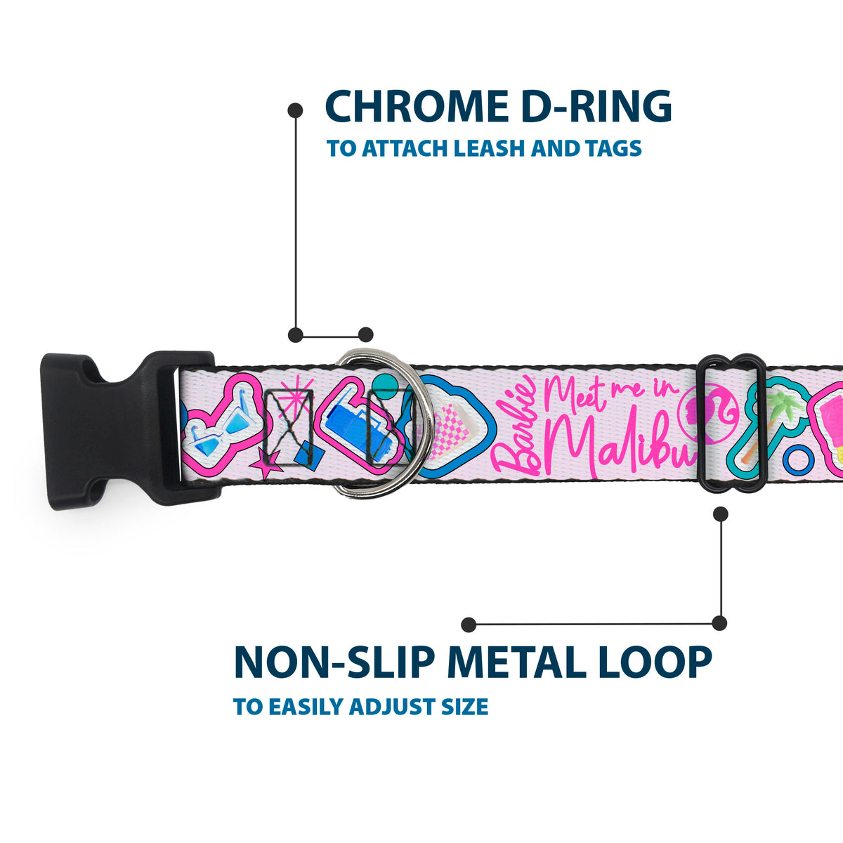 Plastic Clip Collar - BARBIE MEET ME IN MALIBU Icons Collage Pink/Multi Color Dog Collars Plastic Clip Side Release Barbie