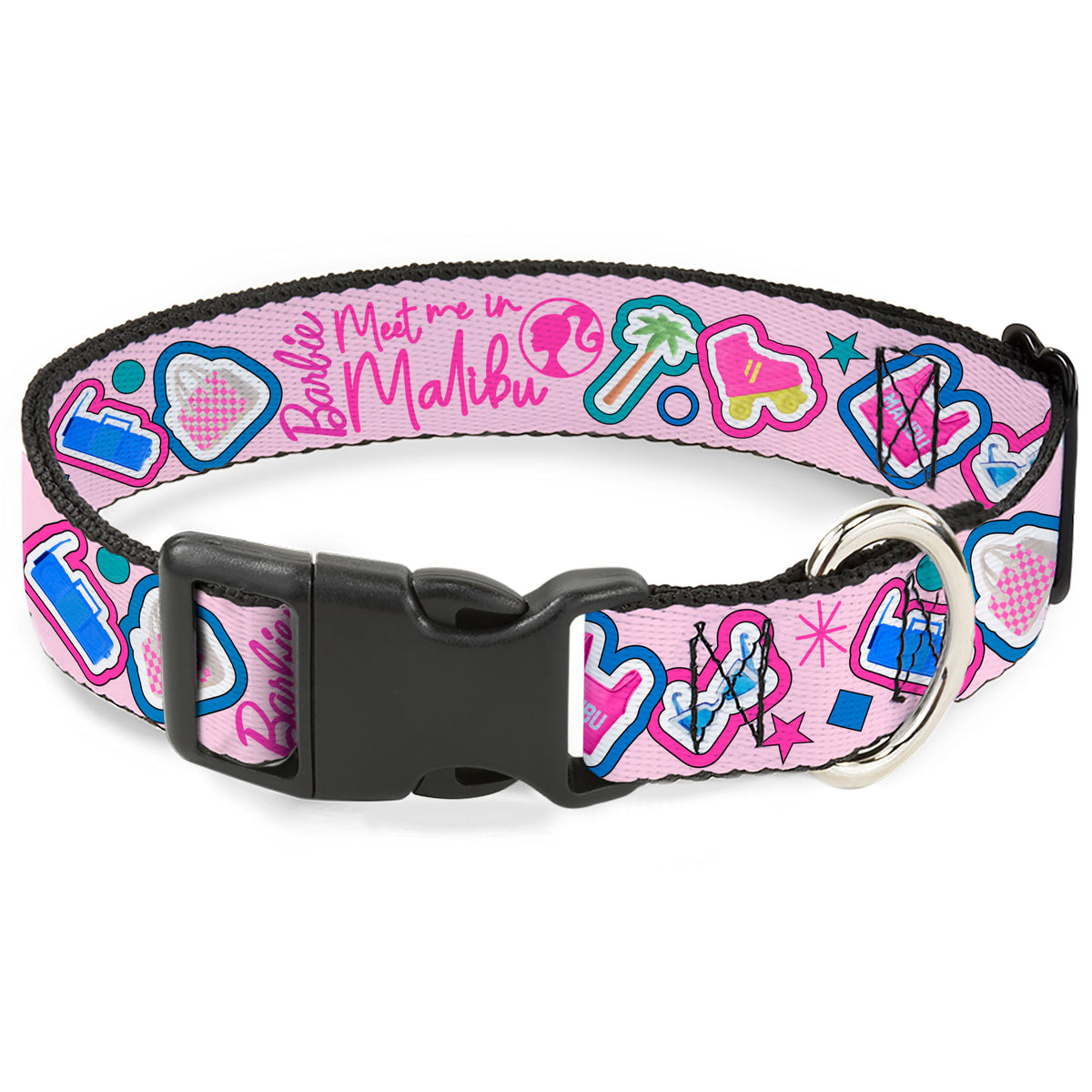 Plastic Clip Collar - BARBIE MEET ME IN MALIBU Icons Collage Pink/Multi Color Dog Collars Plastic Clip Side Release Barbie