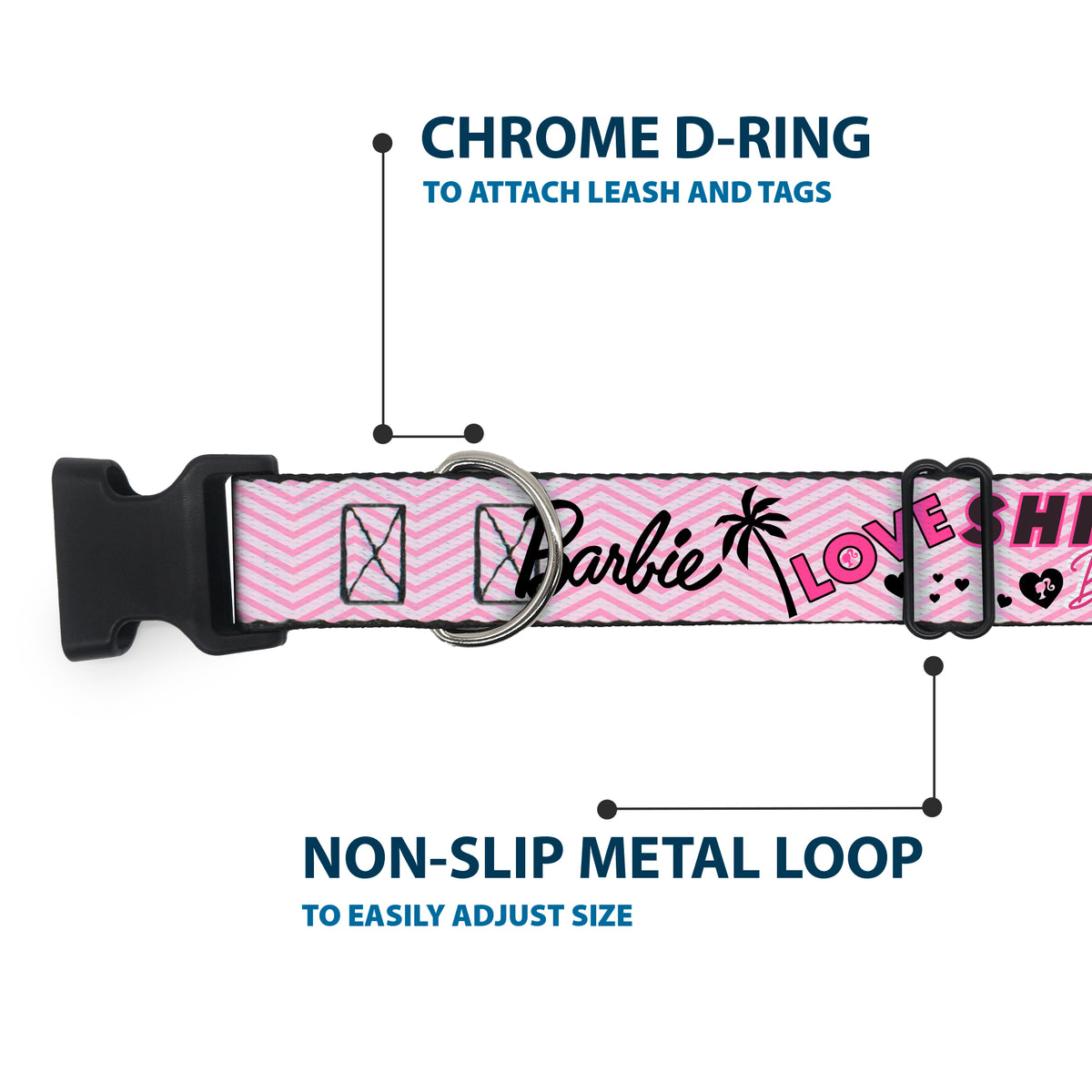 Plastic Clip Collar - BARBIE LOVE SHINE BRIGHT Chevron Striping Pinks Dog Collars Plastic Clip Side Release Barbie