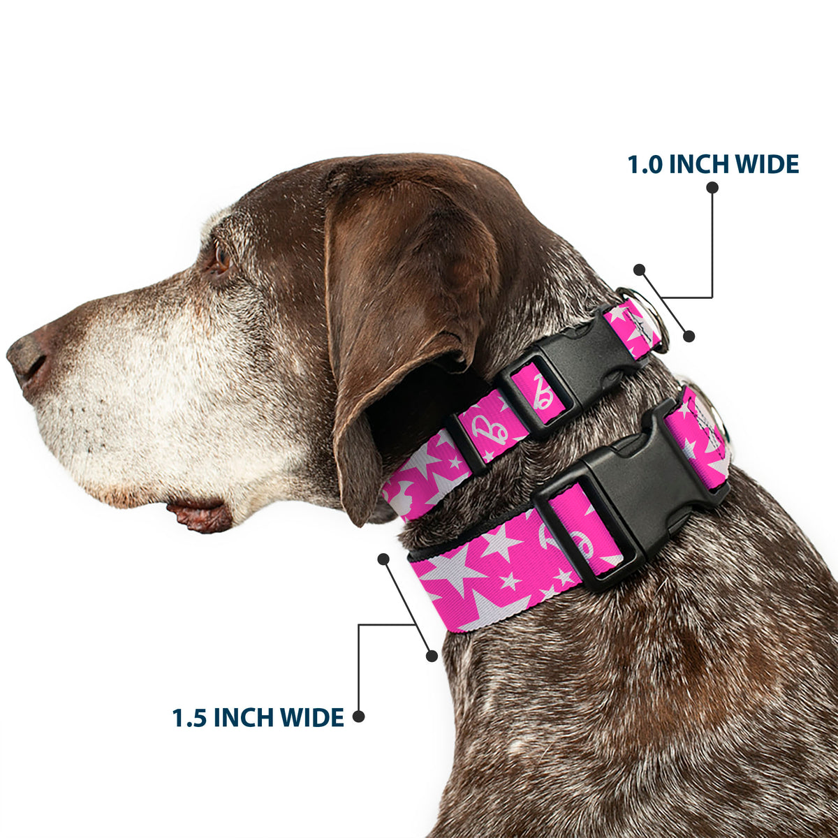 Plastic Clip Collar - Barbie Ponytail Silhouette and Star Scattered Pink/White Dog Collars Plastic Clip Side Release Barbie