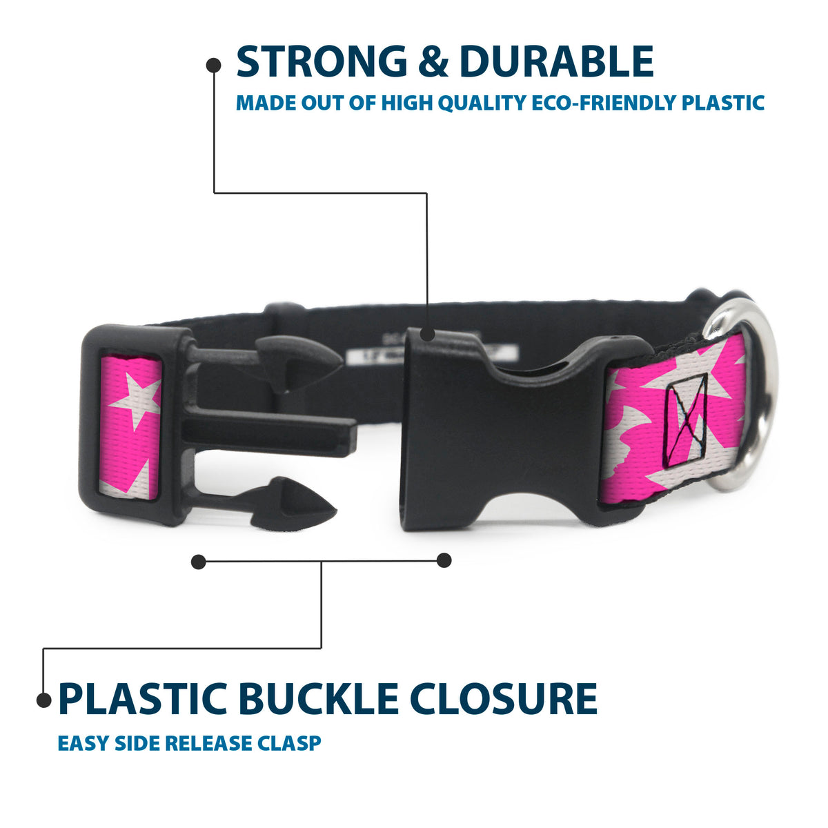 Plastic Clip Collar - Barbie Ponytail Silhouette and Star Scattered Pink/White Dog Collars Plastic Clip Side Release Barbie