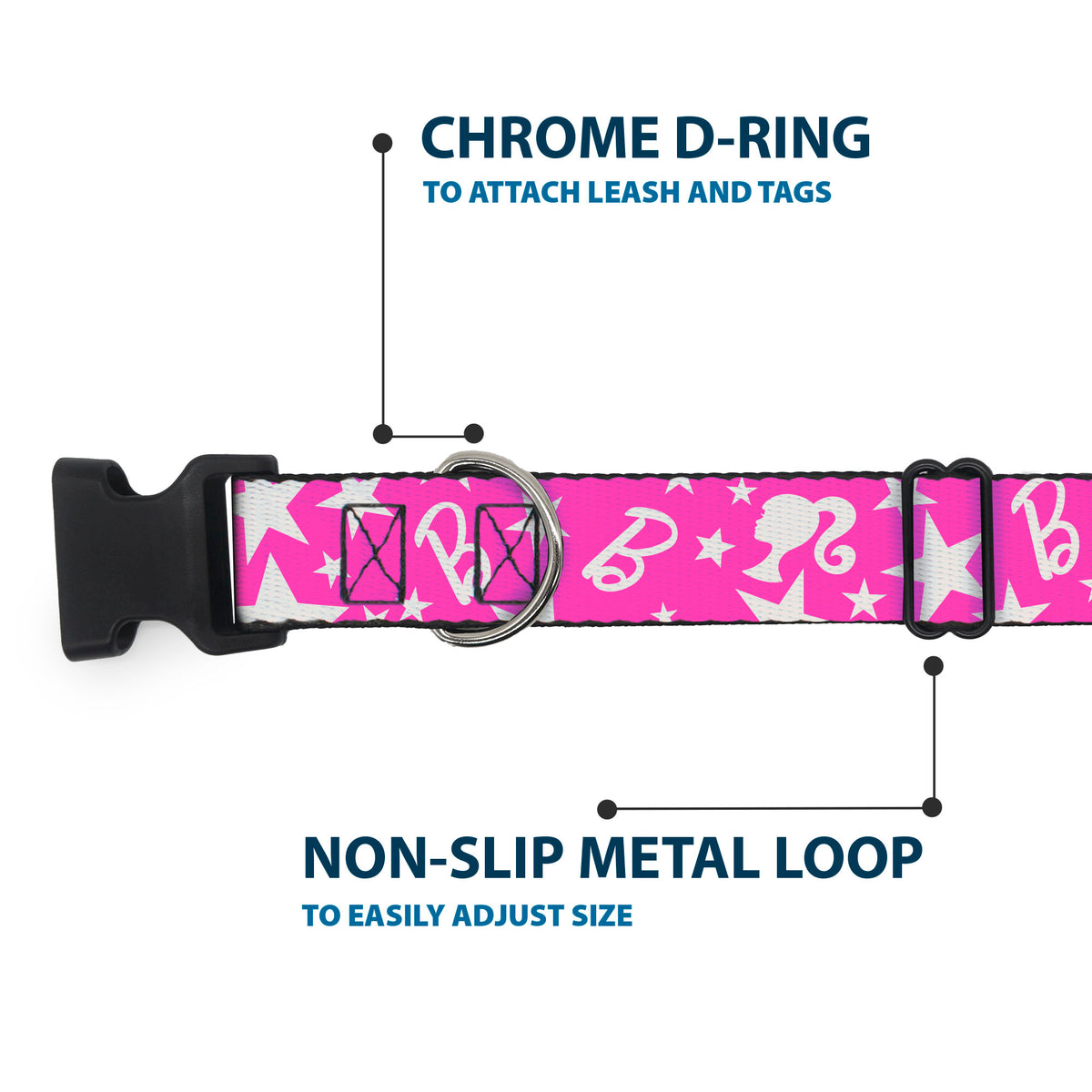 Plastic Clip Collar - Barbie Ponytail Silhouette and Star Scattered Pink/White Dog Collars Plastic Clip Side Release Barbie