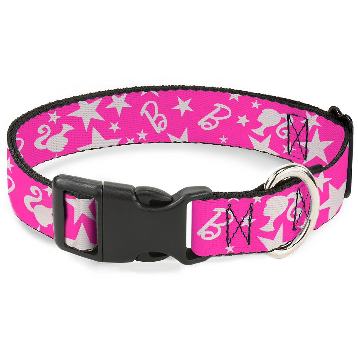 Plastic Clip Collar - Barbie Ponytail Silhouette and Star Scattered Pink/White Dog Collars Plastic Clip Side Release Barbie
